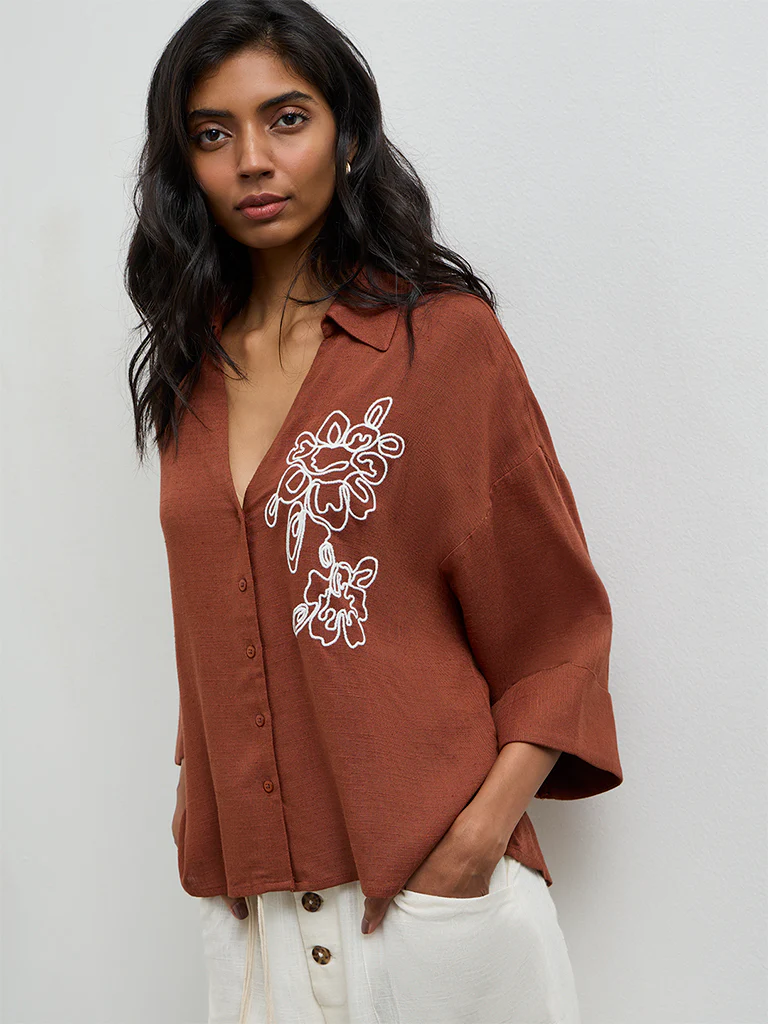 LOV Brown Floral Embroidered Blouse - Image 2