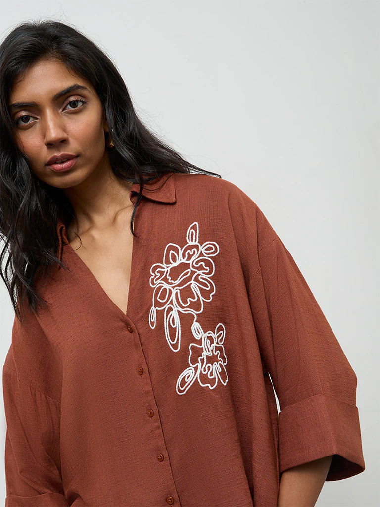 LOV Brown Floral Embroidered Blouse - Image 3