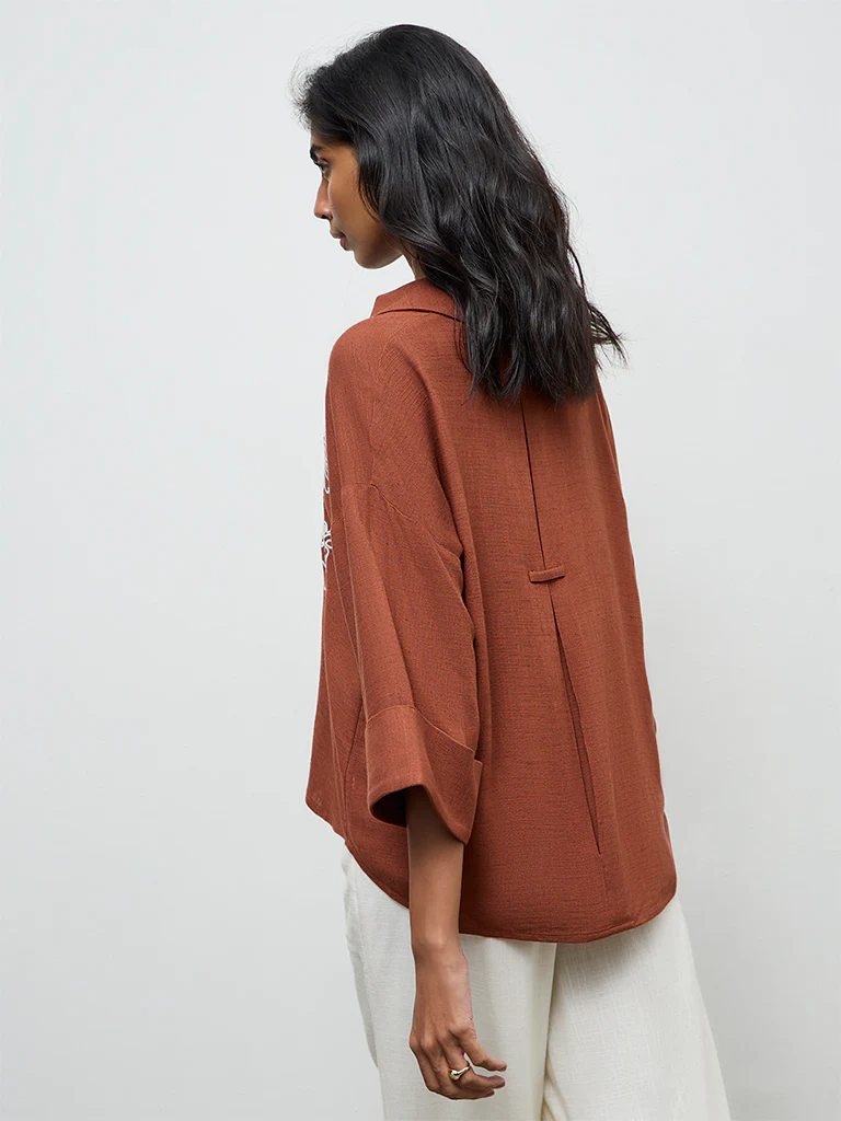 LOV Brown Floral Embroidered Blouse - Image 4