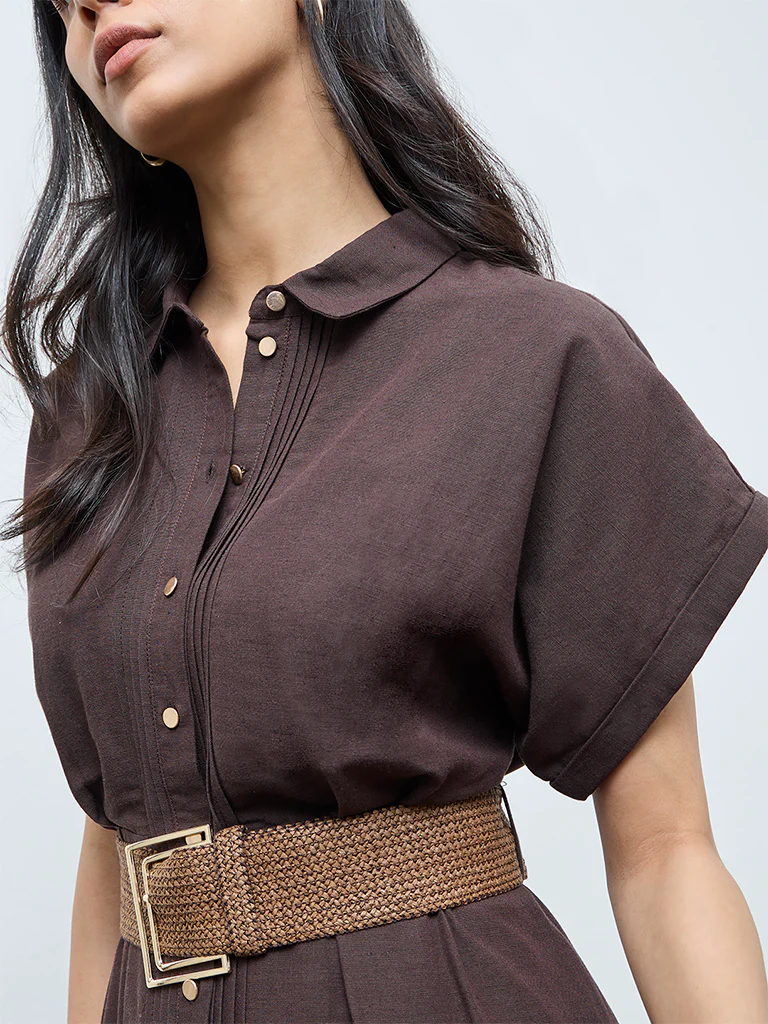LOV Brown Pintuck Detailed Shirt Dress with Belt - Image 3