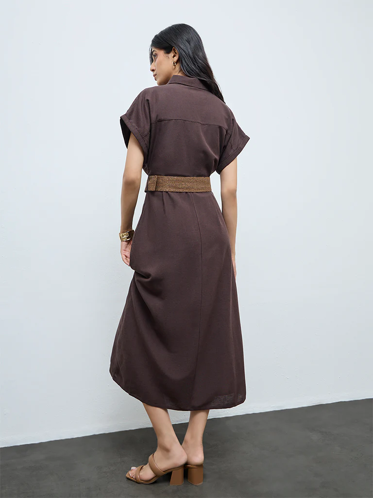 LOV Brown Pintuck Detailed Shirt Dress with Belt - Image 4