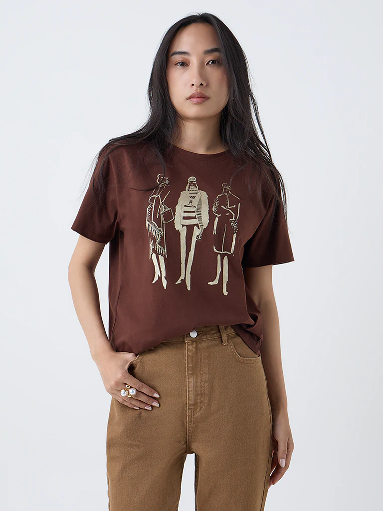 LOV Brown Printed Cotton T-Shirt