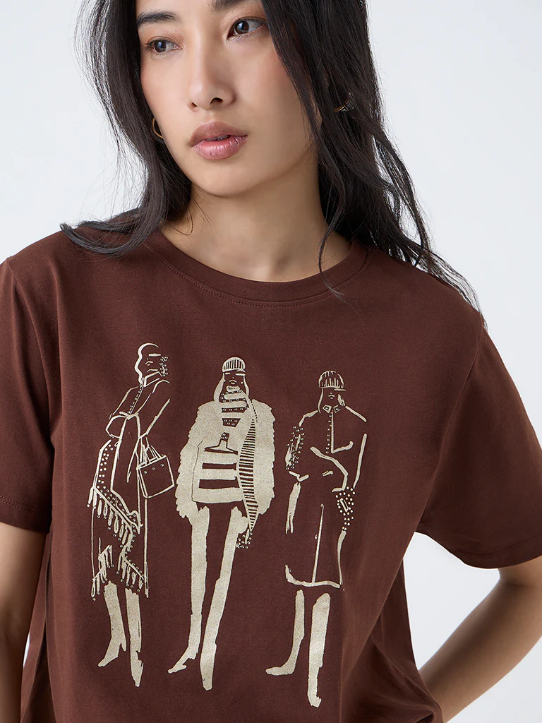 LOV Brown Printed Cotton T-Shirt - Image 2