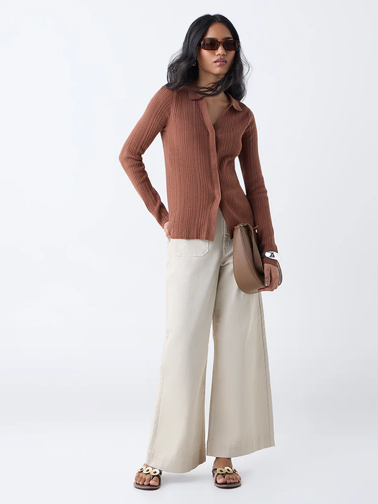 LOV Brown Ribbed-Textured Cardigan - Image 2