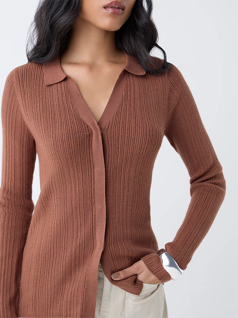 LOV Brown Ribbed-Textured Cardigan - Image 3