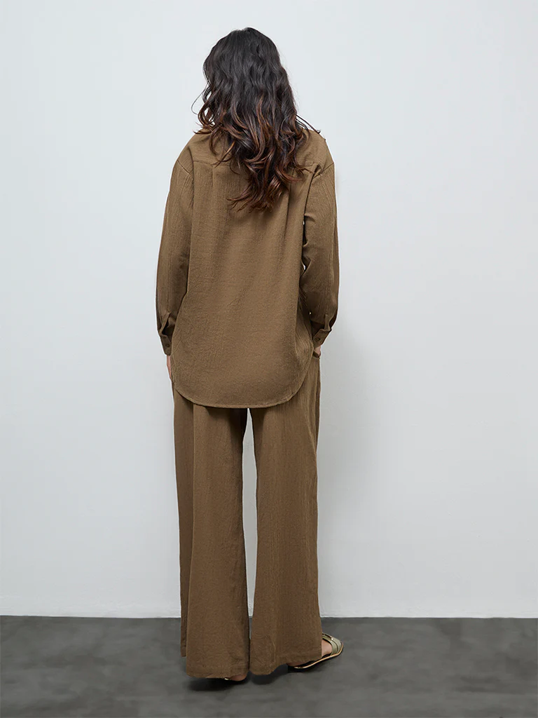 LOV Brown Self-Textured High-Rise Trousers - Image 4