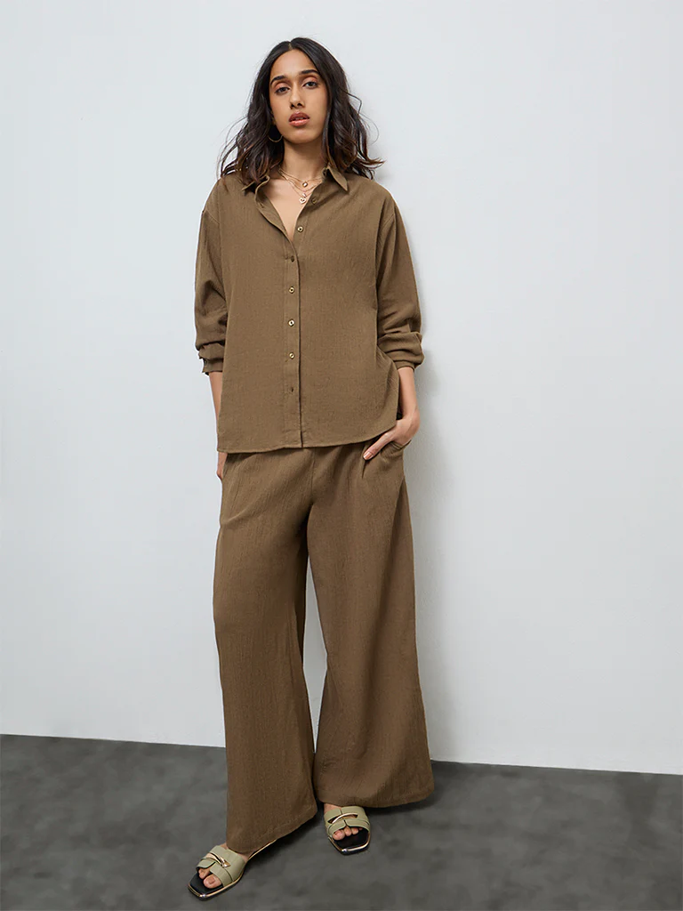 LOV Brown Self-Textured Shirt