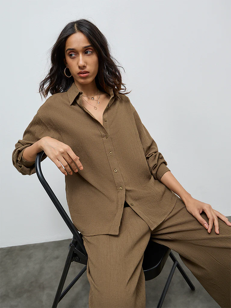 LOV Brown Self-Textured Shirt - Image 2