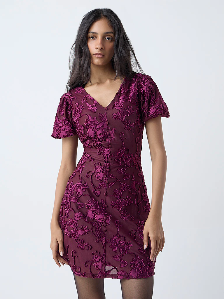 LOV Burgundy Floral Embroidered A-Line Dress - Image 2