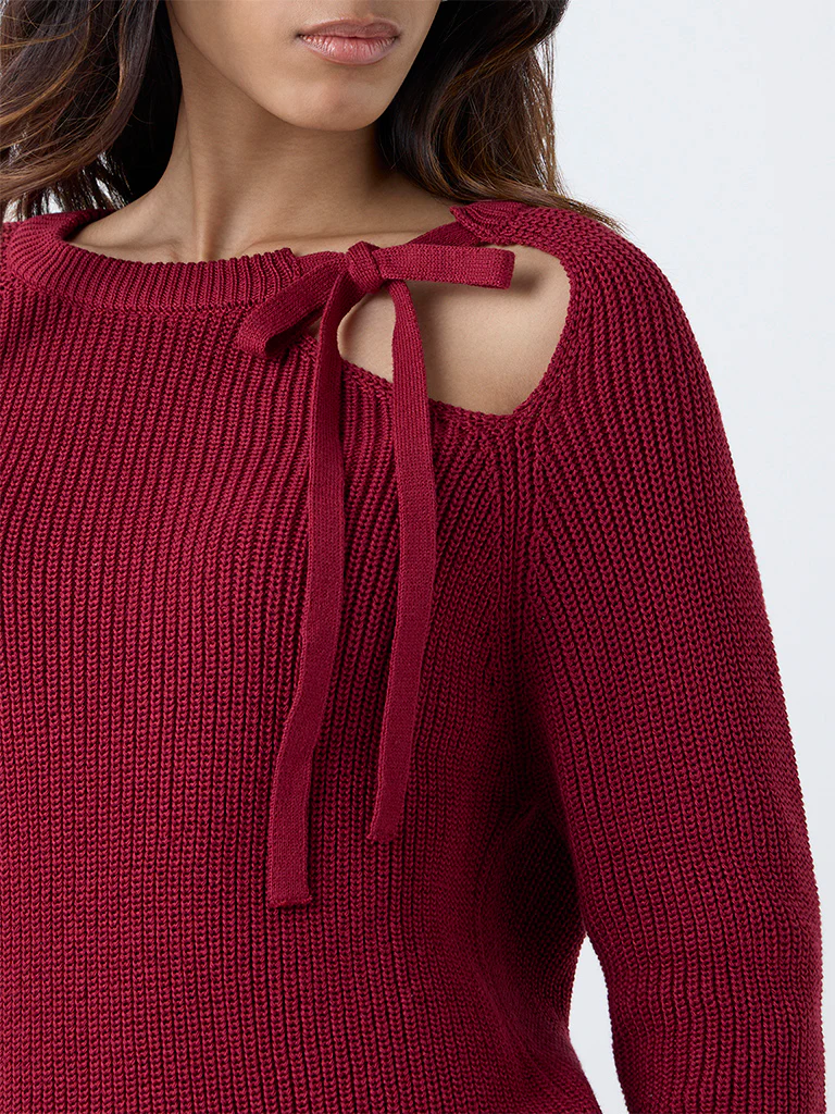 LOV Burgundy Knitted Bow-Detail Cotton-Blend Sweater - Image 3