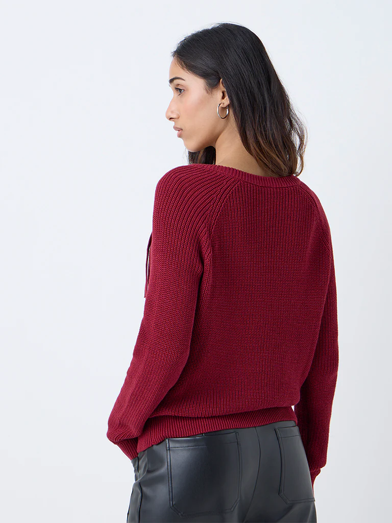 LOV Burgundy Knitted Bow-Detail Cotton-Blend Sweater - Image 4
