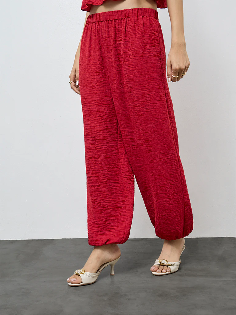 LOV Red Crinkle Textured High-Rise Harem Pants - Image 2