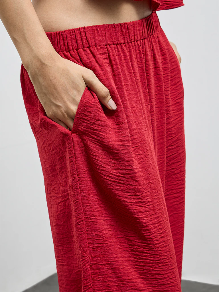 LOV Red Crinkle Textured High-Rise Harem Pants - Image 3
