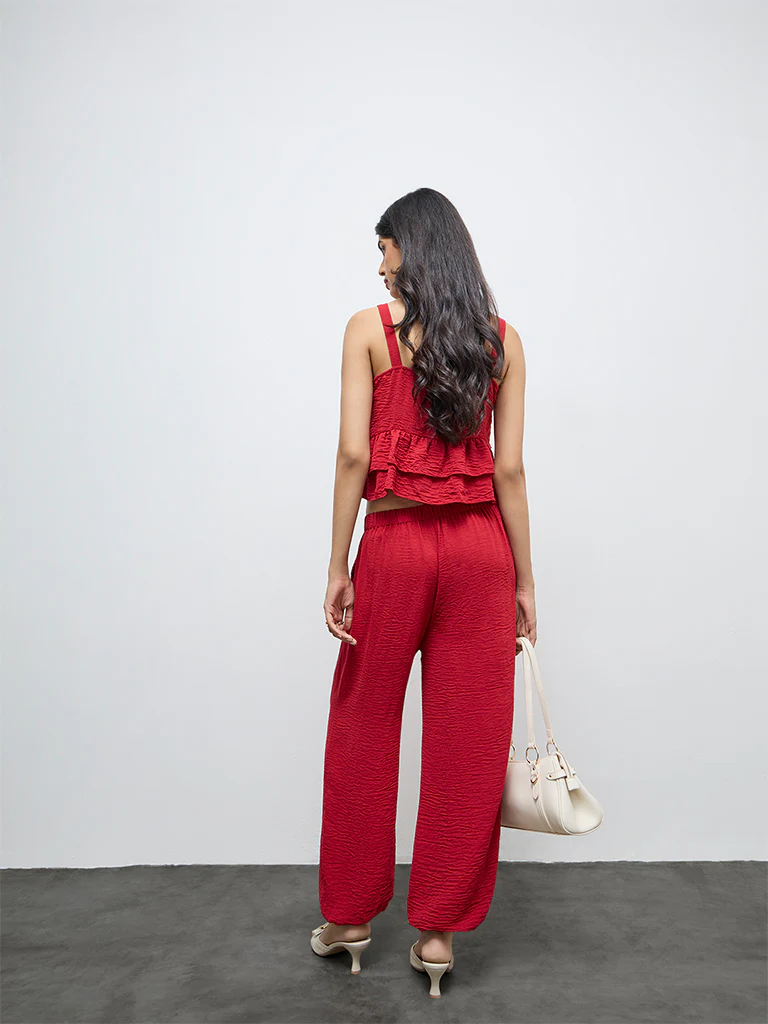 LOV Red Crinkle Textured High-Rise Harem Pants - Image 4