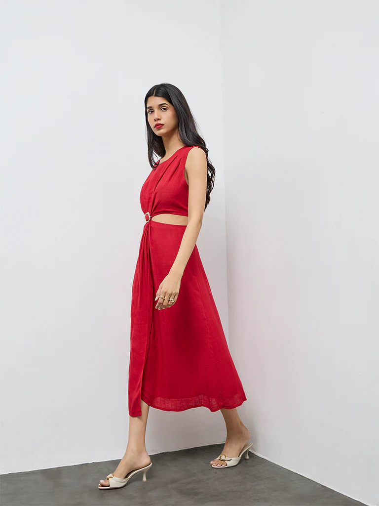 LOV Red Cut-Out Detailed A-Line Dress - Image 2