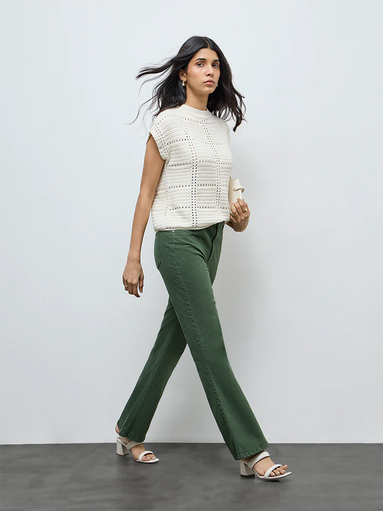 LOV Cream Crochet Knit-Textured Cotton-Blend Top