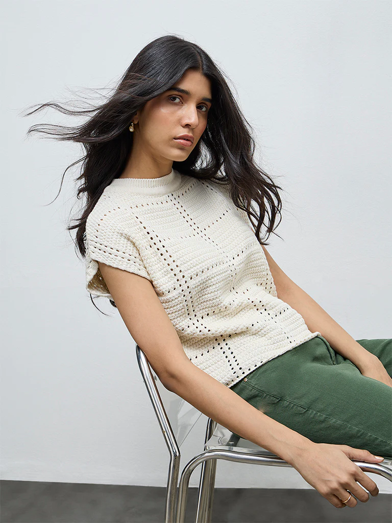 LOV Cream Crochet Knit-Textured Cotton-Blend Top - Image 2