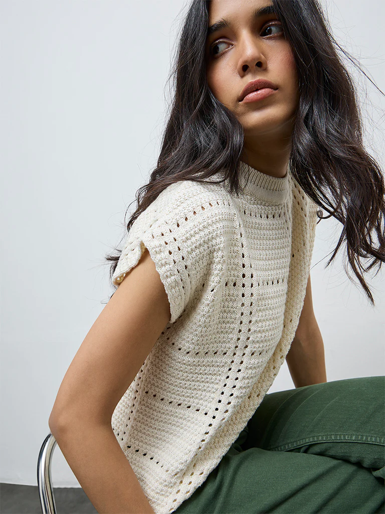 LOV Cream Crochet Knit-Textured Cotton-Blend Top - Image 3