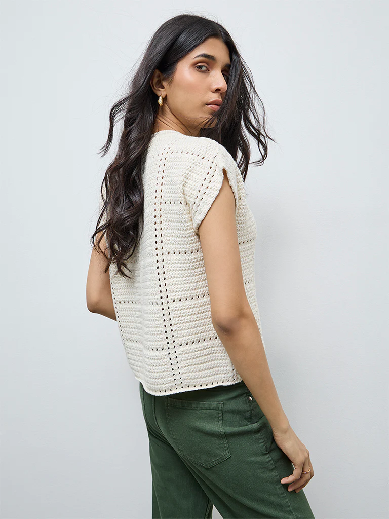 LOV Cream Crochet Knit-Textured Cotton-Blend Top - Image 4