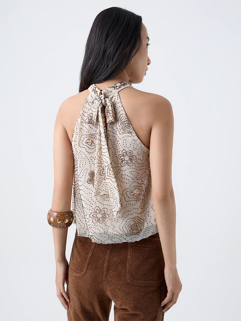 LOV Cream Embellished Halter-Neck Top - Image 4
