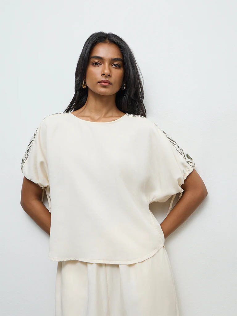 LOV Cream Embroidered Cotton Blouse - Image 2