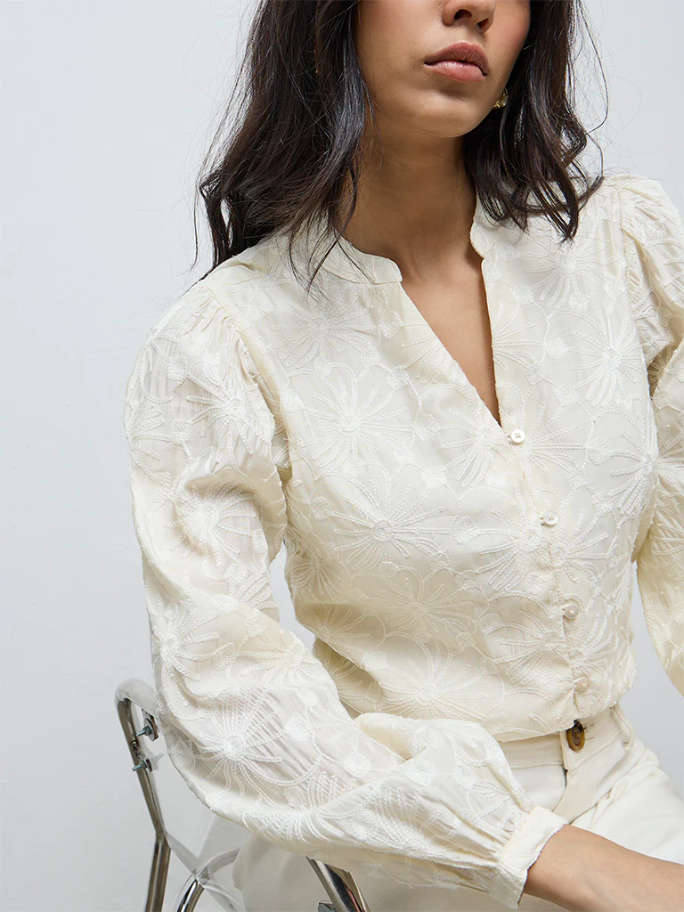 LOV Cream Floral Embroidered Blouse - Image 3