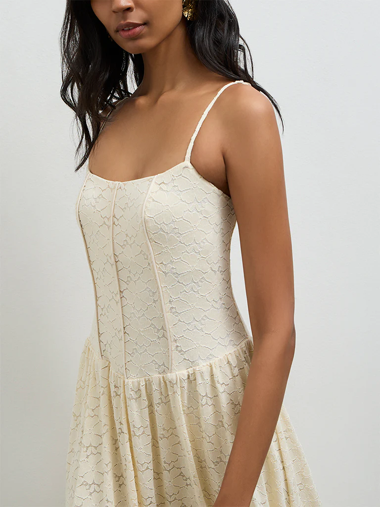LOV Cream Floral Lace A-Line Dress - Image 3