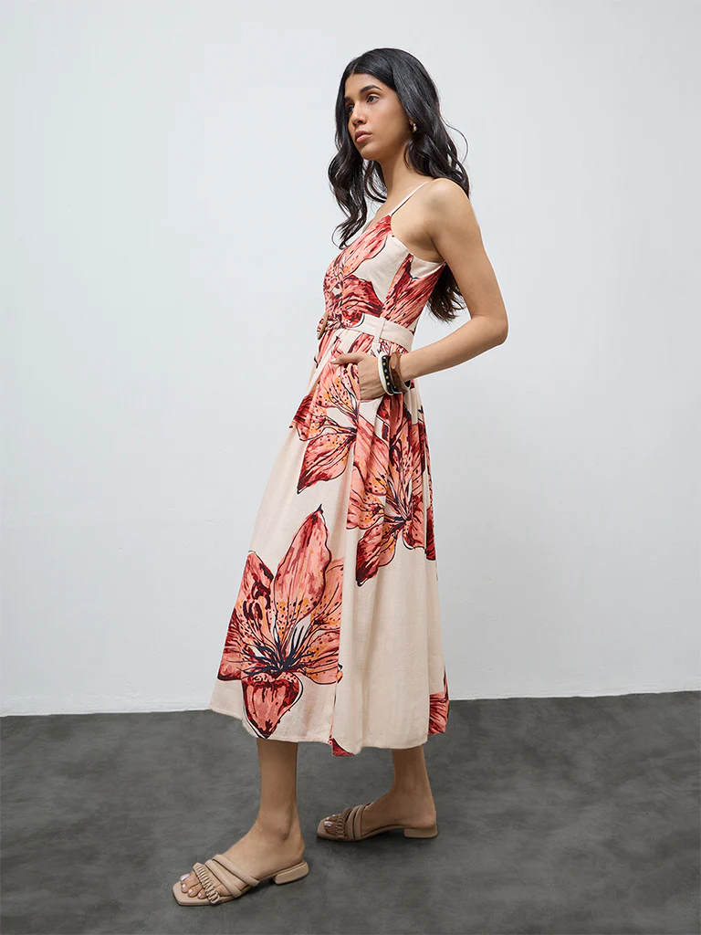 LOV Cream Foliage Printed A-Line Dress with Belt - Image 2