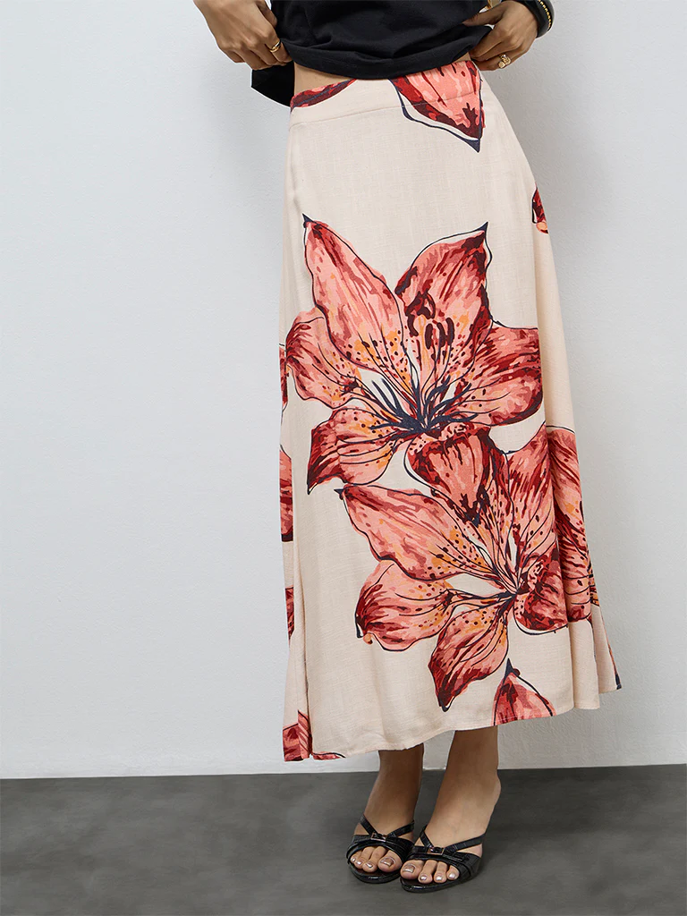 LOV Cream Foliage Printed High-Rise Skirt - Image 2
