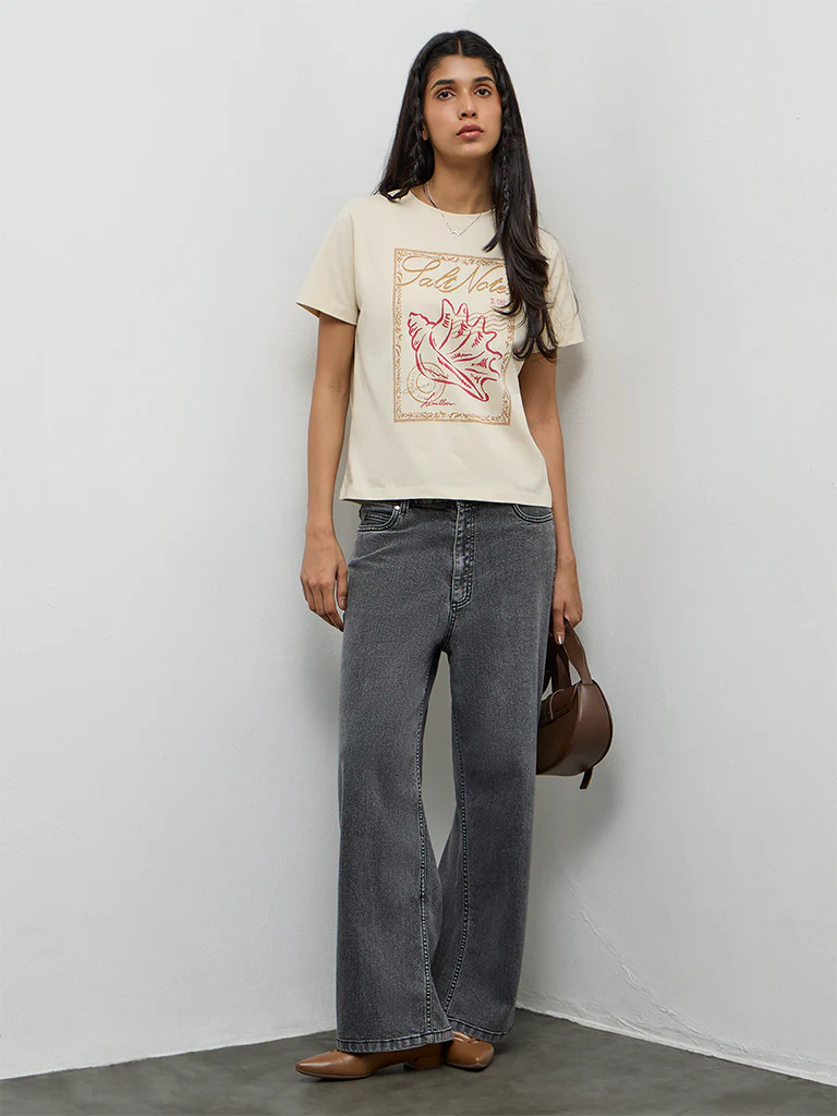 LOV Cream Graphic Printed Cotton T-Shirt - Image 2