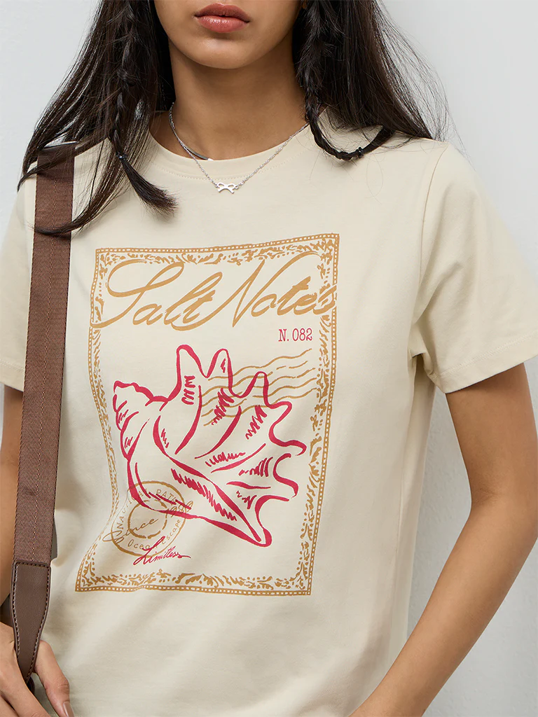 LOV Cream Graphic Printed Cotton T-Shirt - Image 3
