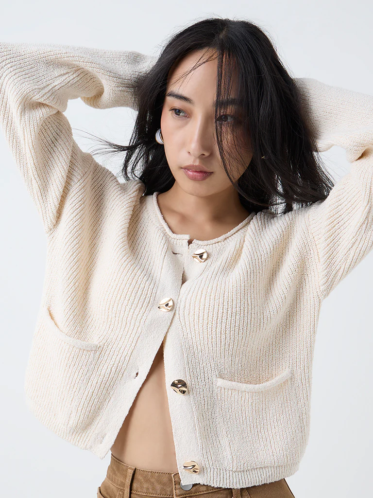 LOV Cream Knitted Cotton-Blend Cardigan - Image 3