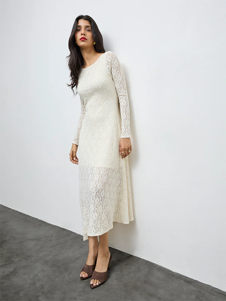 LOV Cream Lace Design A-Line Dress - Image 2