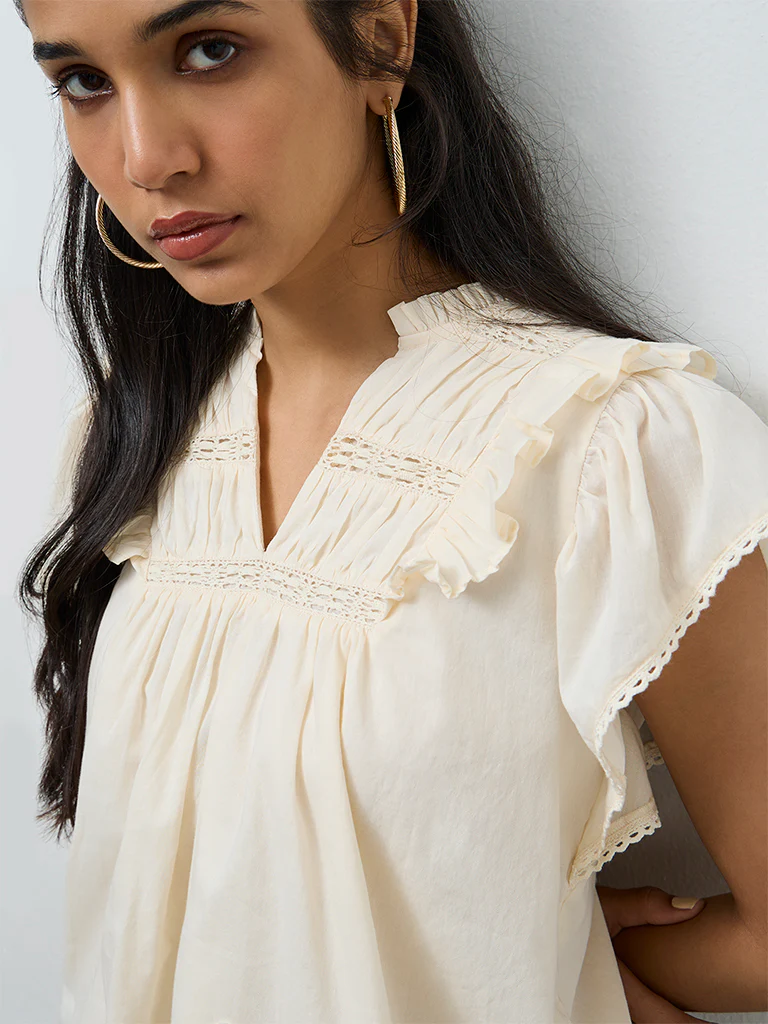 LOV Cream Ruffle-Detailed Cotton Top - Image 3