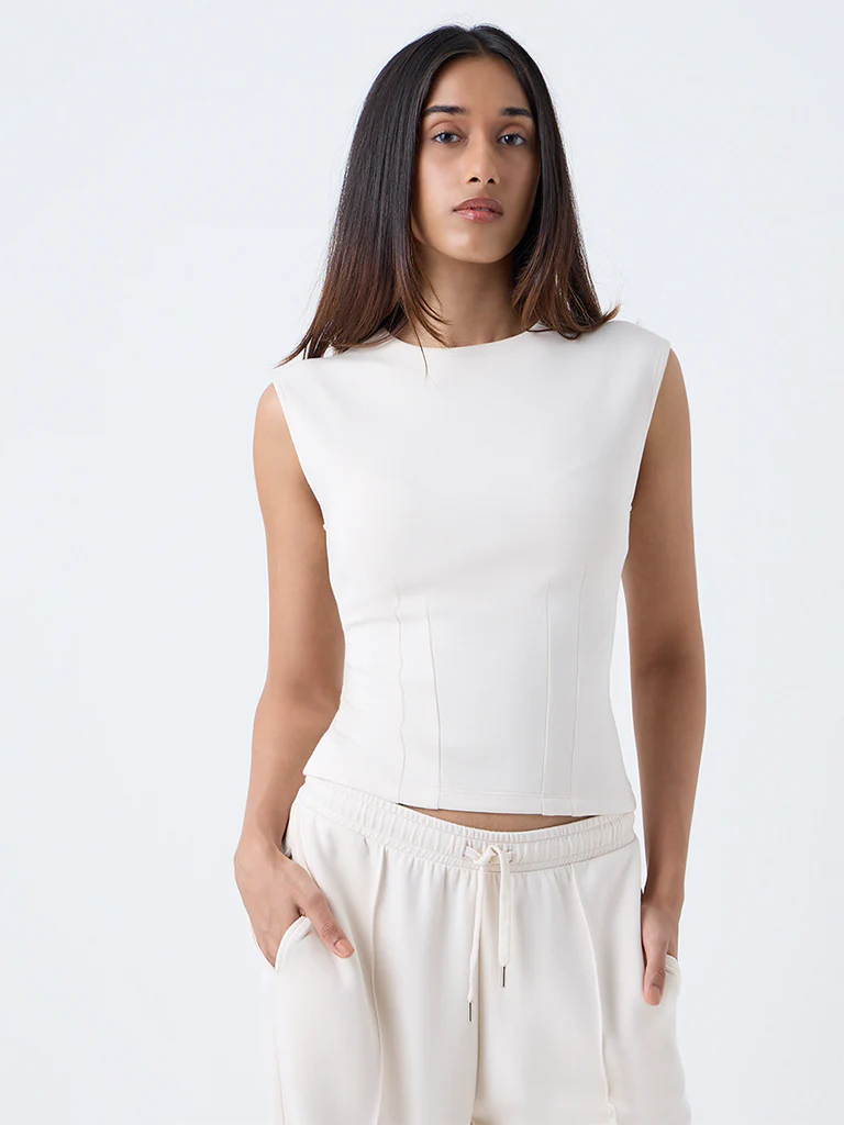 LOV Cream Solid Cotton-Blend T-Shirt