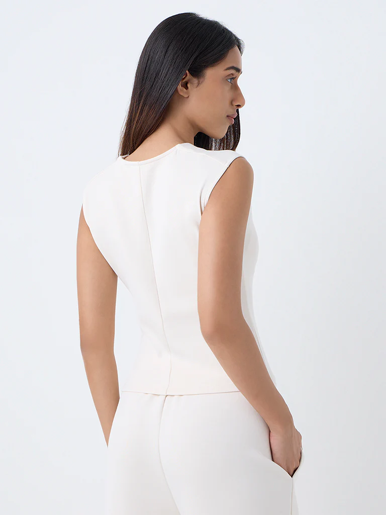 LOV Cream Solid Cotton-Blend T-Shirt - Image 3