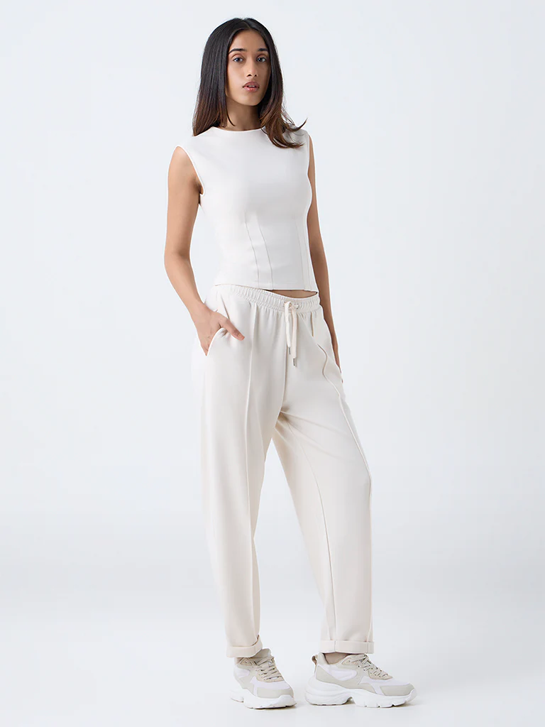 LOV Cream Solid High-Rise Cotton-Blend Track Pants