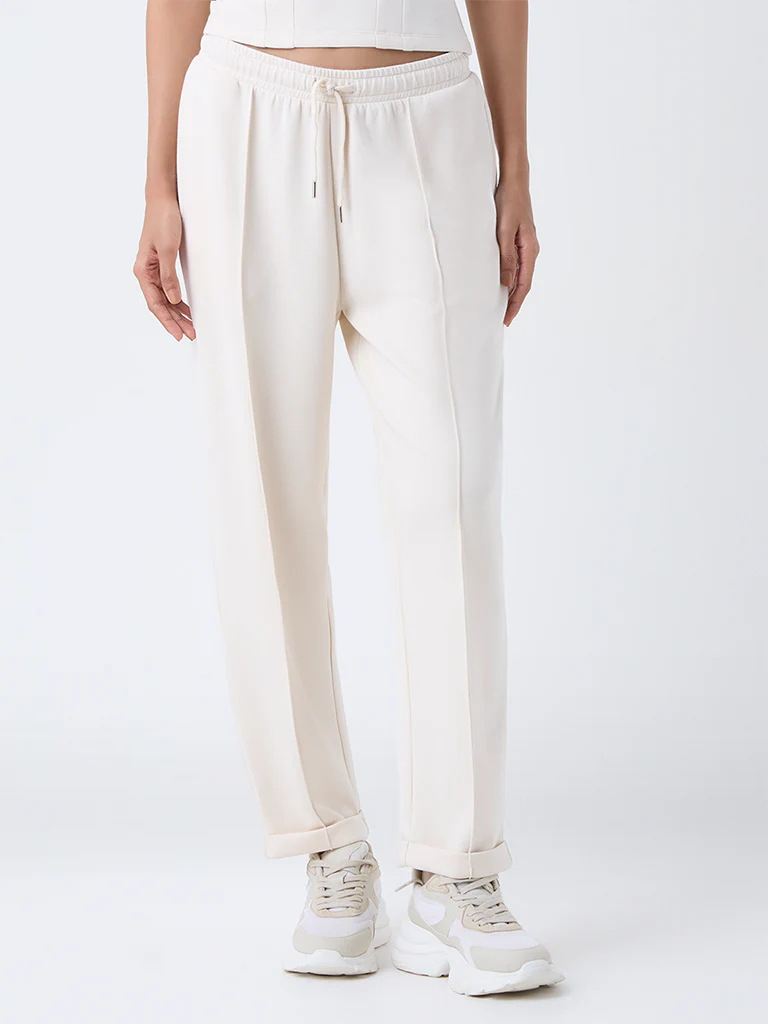 LOV Cream Solid High-Rise Cotton-Blend Track Pants - Image 2