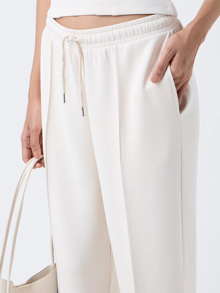 LOV Cream Solid High-Rise Cotton-Blend Track Pants - Image 3