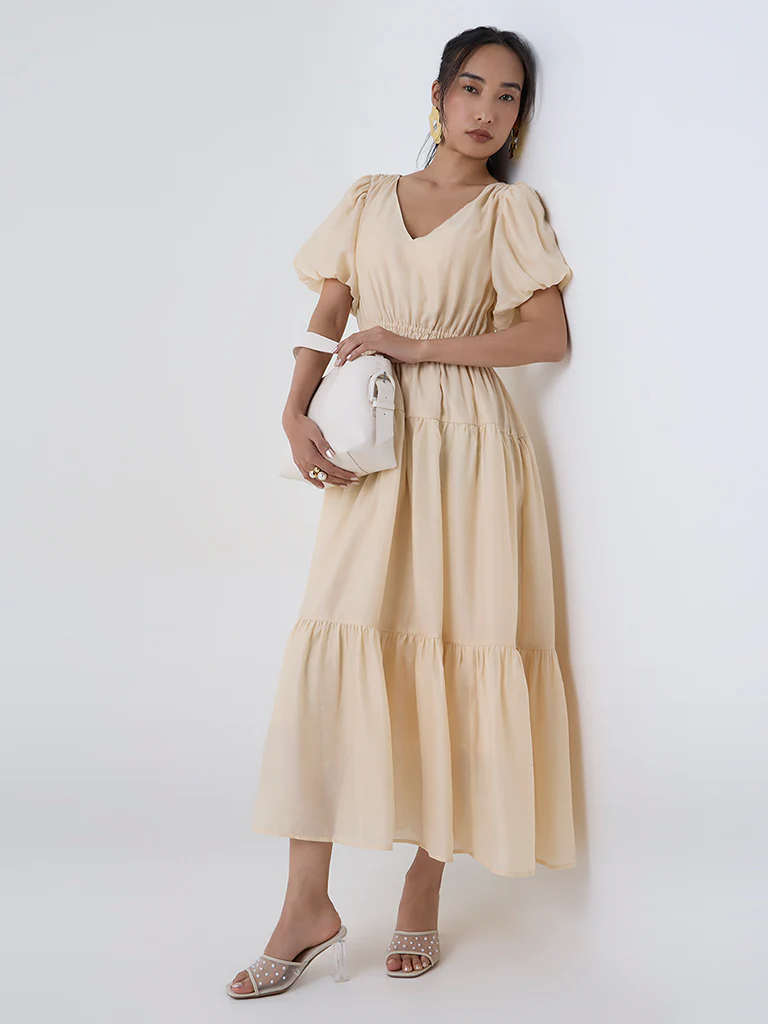 LOV Cream Solid Tiered Dress - Image 2