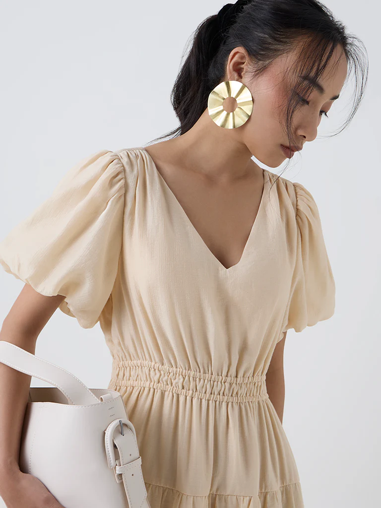 LOV Cream Solid Tiered Dress - Image 3