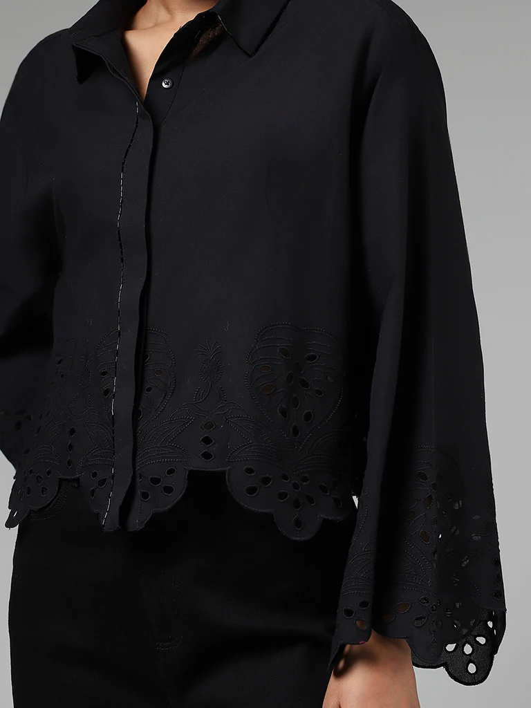 LOV Cut-Work Embroidered Black Shirt - Image 2