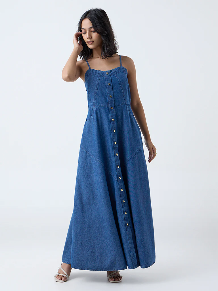 LOV Dark Blue Denim A-Line Dress - Image 2