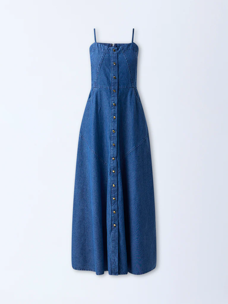 LOV Dark Blue Denim A-Line Dress - Image 5