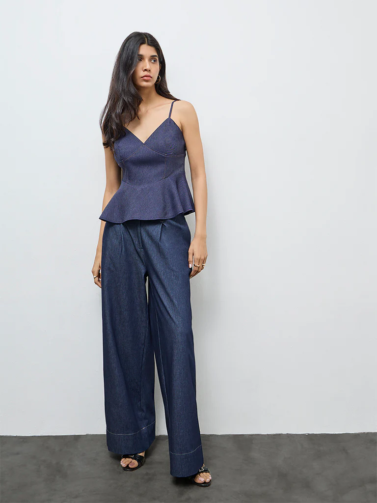LOV Dark Blue Denim Peplum Top