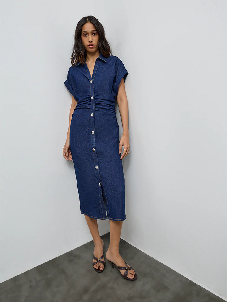 LOV Dark Blue Ruched Denim Shirt Dress