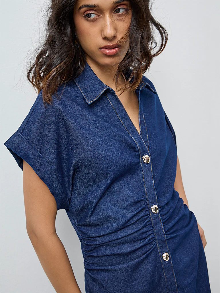 LOV Dark Blue Ruched Denim Shirt Dress - Image 3