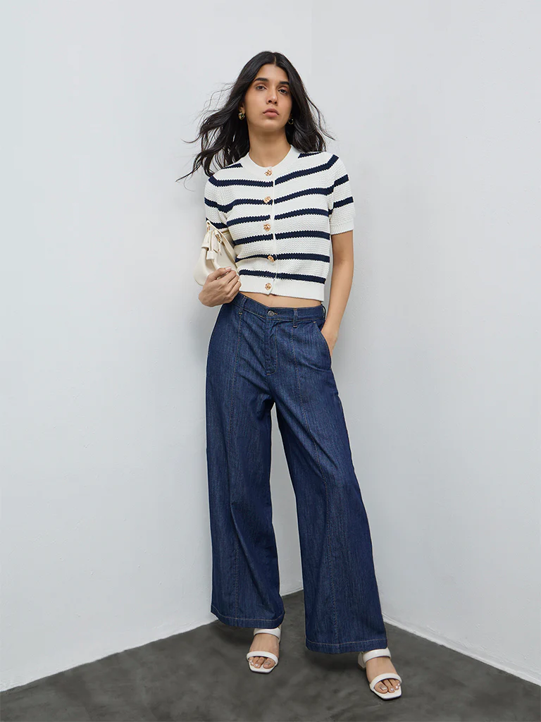 LOV Dark Blue Solid High-Rise Flared Jeans