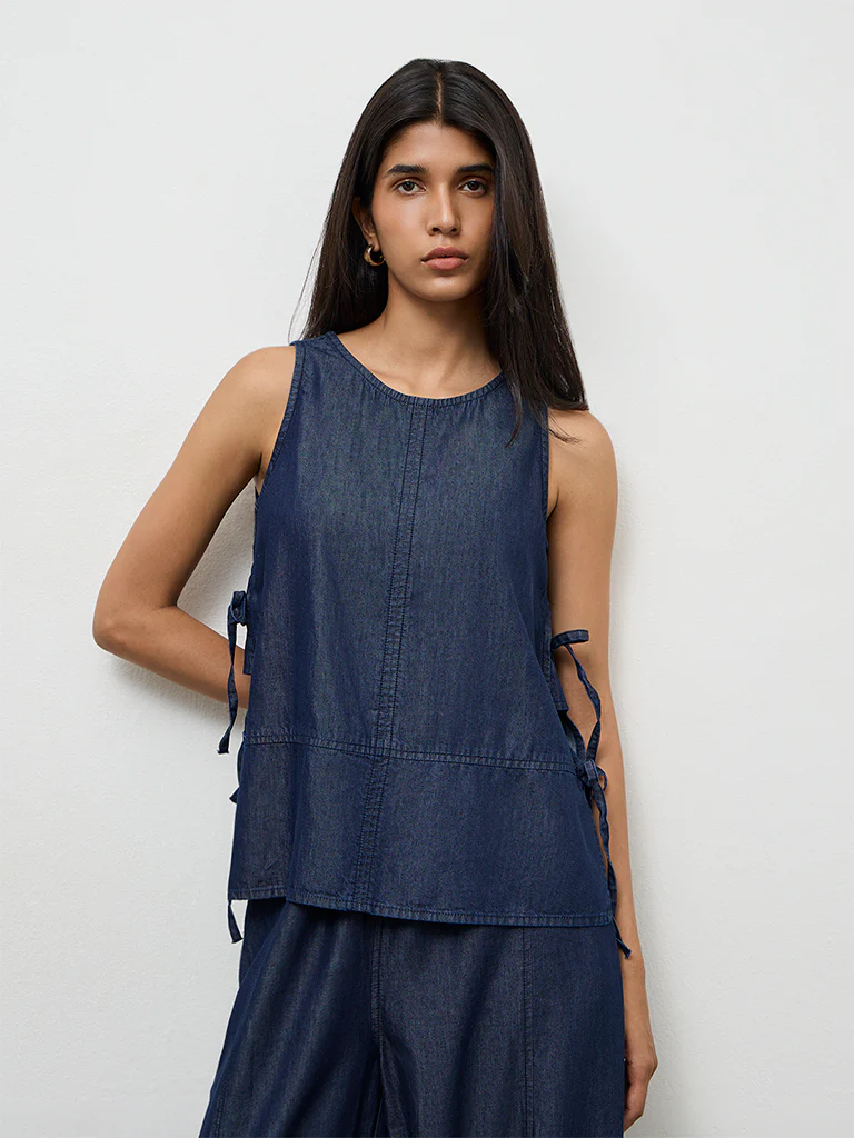 LOV Dark Blue Tie-Up Cotton-Blend Top
