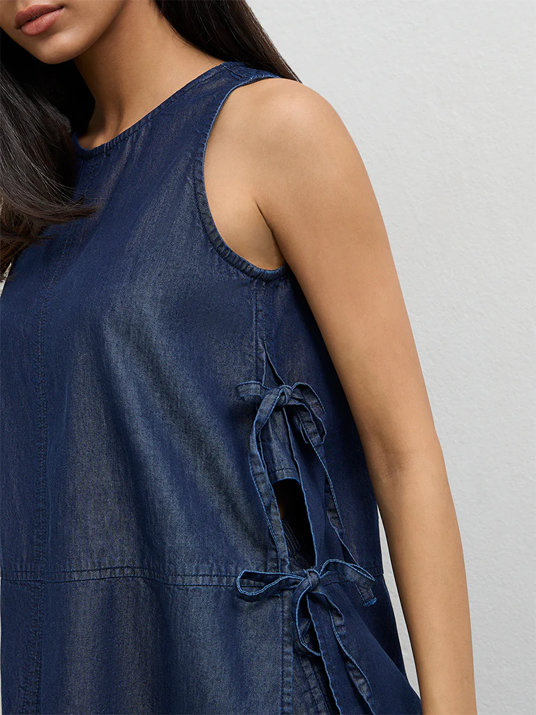 LOV Dark Blue Tie-Up Cotton-Blend Top - Image 3